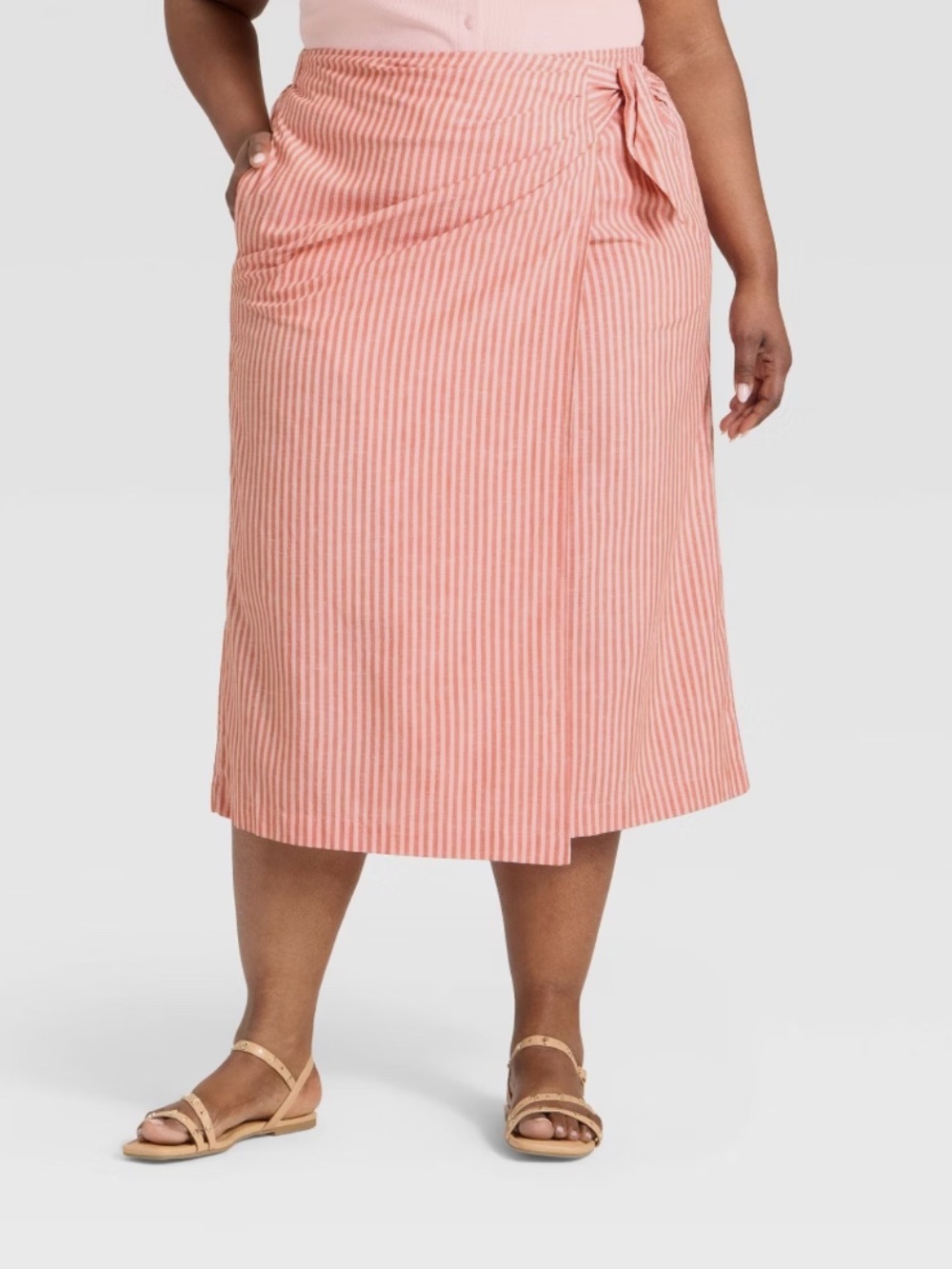 Universal Thread Coral-Striped Wrap Midi Skirt